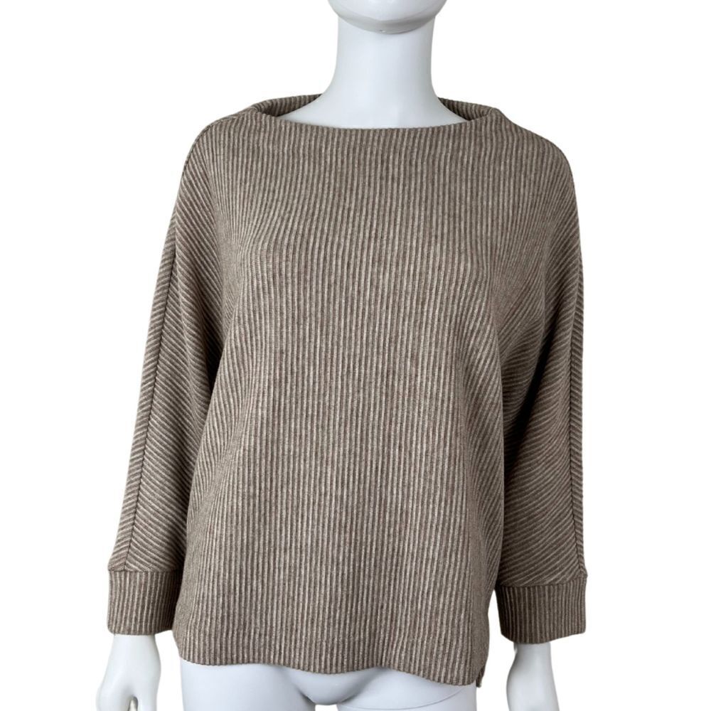 Nic + Zoe Women Size M Beige Rib Boat Neck Pullover Sweater Top Dolman Sleeve